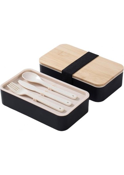 Siyah 1200 ml Askılı Bento Kutuları Çift Katmanlı Bento Kılıfları Dahili Sofra Takımı Japon Tarzı Sızdırmaz Öğle Yemeği Kutuları Öğle Yemeği Kapları (Yurt Dışından)