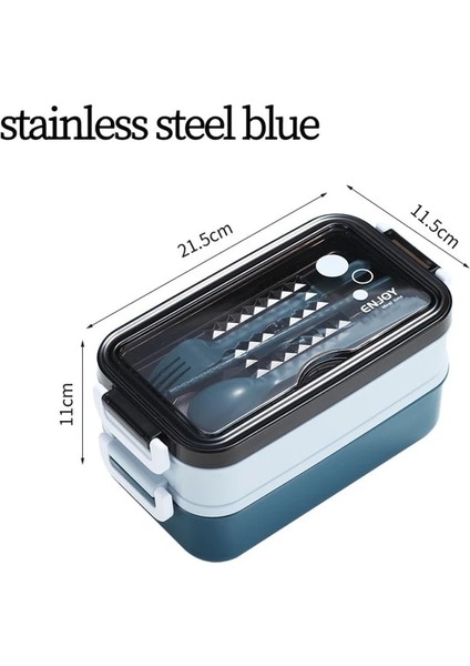 Paslanmaz Çelik Mavi 2 Katmanlı Taşınabilir Hermetik Öğle Yemeği Kutusu Çocuk Öğrenci Bento Kutusu Çatal Kaşık Sızdırmaz Mikrodalga Gıda Saklama Kutusu Okul (Yurt Dışından)