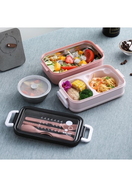 Paslanmaz Çelik Mavi 2 Katmanlı Taşınabilir Hermetik Öğle Yemeği Kutusu Çocuk Öğrenci Bento Kutusu Çatal Kaşık Sızdırmaz Mikrodalga Gıda Saklama Kutusu Okul (Yurt Dışından) modelleri