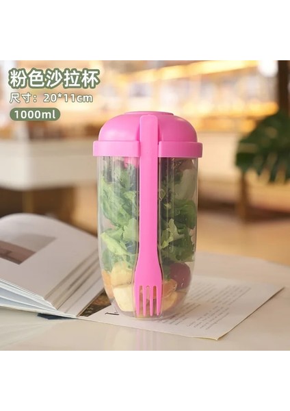 Pembe 1l Taşınabilir Salata Bardağı Çocuk Kahvaltısı Salata Kasesi Çatal ile Okul Yemek Kabı Gıda Depolama Bento Kutusu Yoğurt Yulaf Ezmesi Tahıl Süt Kupası (Yurt Dışından)