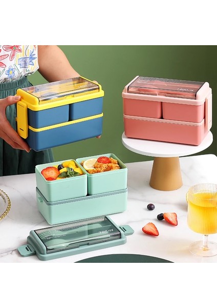 Pembe Çok Izgaralı Çift Katmanlı Öğle Yemeği Kutusu Plastik Mikrodalga Gıda Saklama Kapları Okul Çocukları Için Sofra ile Sızdırmaz Bento Kutusu Ofis (Yurt Dışından) modelleri