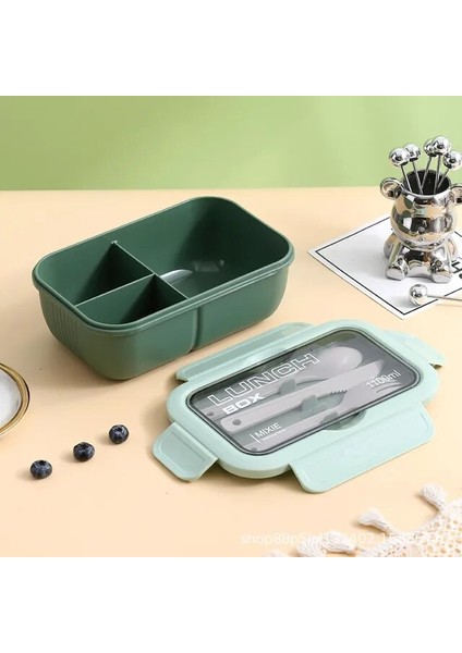 Yeşil 1100ML 1 1100ML Yetişkinler ve Öğrenci Için Öğle Yemeği Kutusu, 3 Izgaralı Sızdırmaz Mikrodalgada Mühür Bento Kutusu Çatal Kaşık ve Bıçak ile (Yurt Dışından)