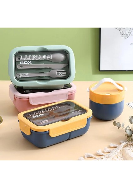 Yeşil 1100ML 1 1100ML Yetişkinler ve Öğrenci Için Öğle Yemeği Kutusu, 3 Izgaralı Sızdırmaz Mikrodalgada Mühür Bento Kutusu Çatal Kaşık ve Bıçak ile (Yurt Dışından)