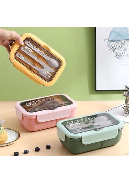 Yeşil 1100ML 1 1100ML Yetişkinler ve Öğrenci Için Öğle Yemeği Kutusu, 3 Izgaralı Sızdırmaz Mikrodalgada Mühür Bento Kutusu Çatal Kaşık ve Bıçak ile (Yurt Dışından)