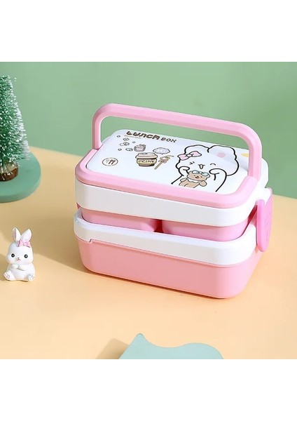 Pembe 1350 ml Kawaii Yemek Kabı Okul Kız Taşınabilir Mikrodalgada Gıda Saklama Kabı Sızdırmaz 2 Katmanlı Bölünmüş Bento Kutusu Kaşık Çatal (Yurt Dışından)