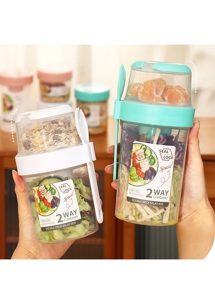 WHITE-760ML Taşınabilir Kahvaltı Yulaf Ezmesi Tahıl Fındık Yoğurt Salata Bardağı Konteyner Seti Çatal Sos Bardağı Kapaklı Bento Yiyecek Kase Mutfak Öğle Yemeği Kutusu (Yurt Dışından)