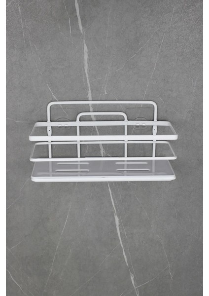 Kristal Raflı Paslanmaz Banyo ve Kozmetik Düzenleyici Beyaz Şampuanlık Yapışkanlı Banyo Rafı