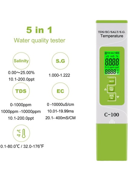 Yieryi 5 In 1 Tds/ec/tuzluluk/sg/sıcaklık Ölçer Ev, Havuzlar, Içme Suyu, Akvaryum Için Dijital Su Kalitesi Test Cihazı (Yurt Dışından)