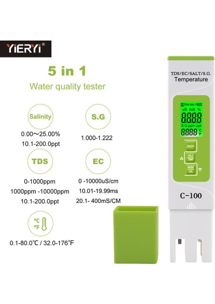 Yieryi 5 In 1 Tds/ec/tuzluluk/sg/sıcaklık Ölçer Ev, Havuzlar, Içme Suyu, Akvaryum Için Dijital Su Kalitesi Test Cihazı (Yurt Dışından)