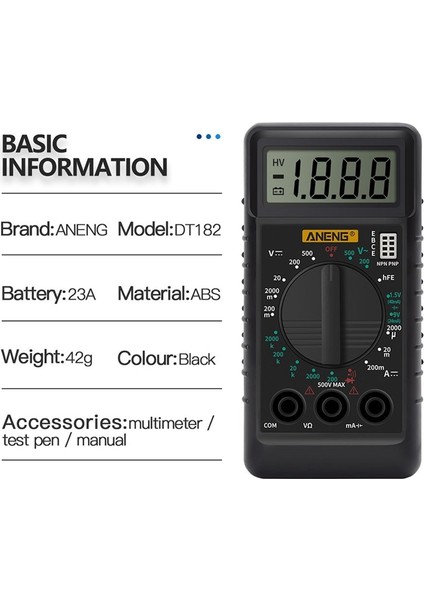 Oumery Aneng DT-182 Dijital Mini Multimetre Dc/ac Gerilim Akım Ölçer Cep Voltmetre Diyot Triode Tester Multitester (Yurt Dışından)