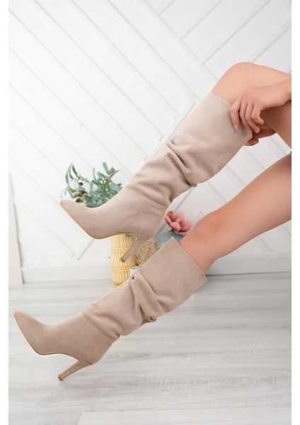 Kadın İnce Topuklu Süet Deri Körüklü Çizme Günlük Kullanım İçin Rahat