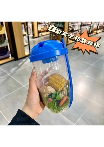 Mavi Taşınabilir Salata Kasesi Şişe Salata Konteyneri Şişe Şeklinde Bento Salata Kasesi Öğle Yemeği Salata Kutusu Çatallı (Yurt Dışından)