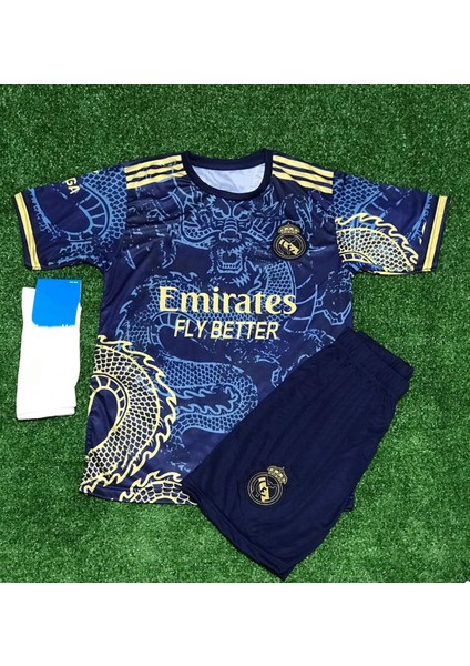 Real Madrid 2023/24 Yeni Sezon Dragon Desenli Vini Jr Özel Çocuk Forması Şort Çorap 3'lü Set