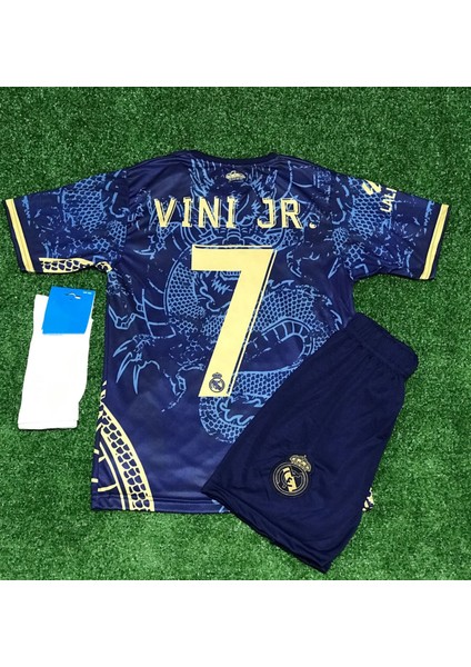 Real Madrid 2023/24 Yeni Sezon Dragon Desenli Vini Jr Özel Çocuk Forması Şort Çorap 3'lü Set