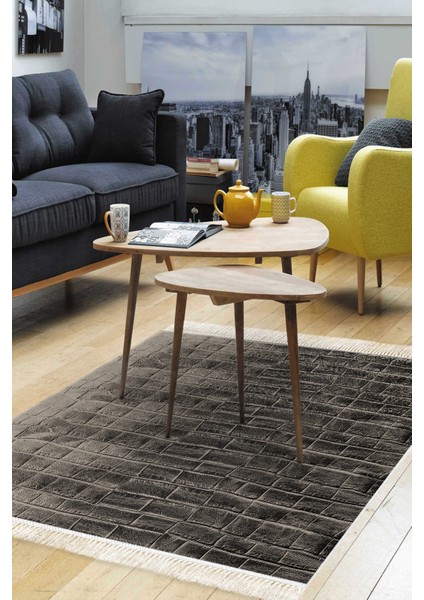 Dijital Salon Halısı Trend Keçe Kaymaz Taban Saçaklı Modern Blaithin Bej