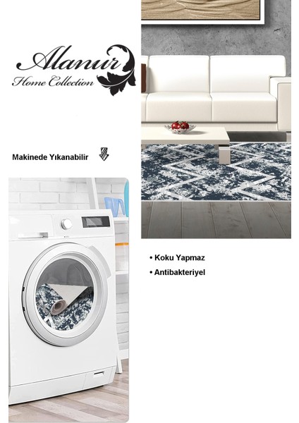 Dijital Salon Halısı Trend Keçe Kaymaz Taban Saçaklı Iskandinav Roxanne Mavi