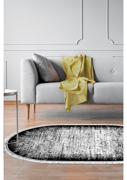 Dijital Salon Halısı Yıldız Deri Kaymaz Taban Saçaklı Oval Modern Evelina Siyah