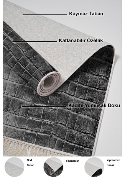 Dijital Salon Halısı Trend Keçe Kaymaz Taban Saçaklı Modern Blaithin Gri