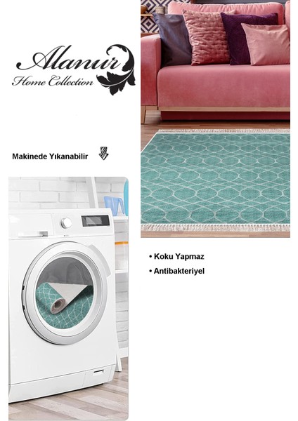 Dijital Salon Halısı Trend Keçe Kaymaz Taban Saçaklı Iskandinav Celestine Turkuaz modelleri