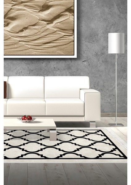 Dijital Salon Halısı Trend Keçe Kaymaz Taban Saçaklı Modern Mamie Bej