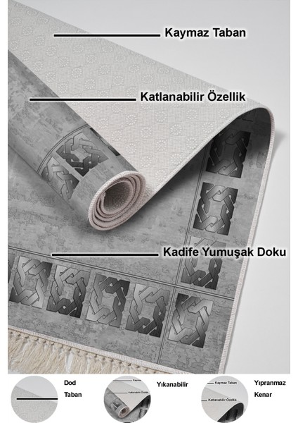 Dijital Salon Halısı Trend Keçe Kaymaz Taban Saçaklı Modern Twyla Gri