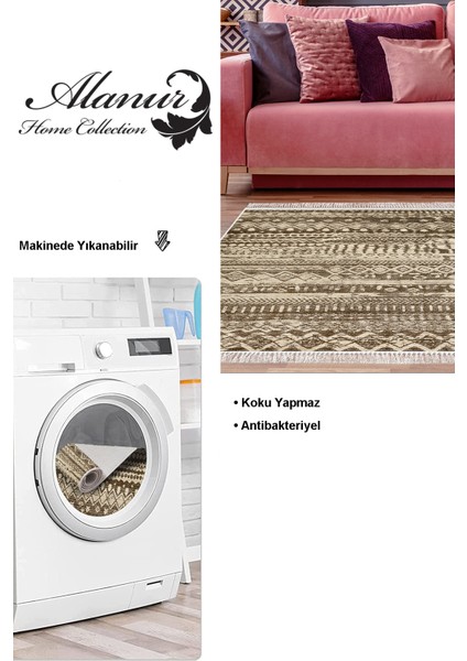 Dijital Salon Halısı Trend Keçe Kaymaz Taban Saçaklı Iskandinav Ysabel Kahve