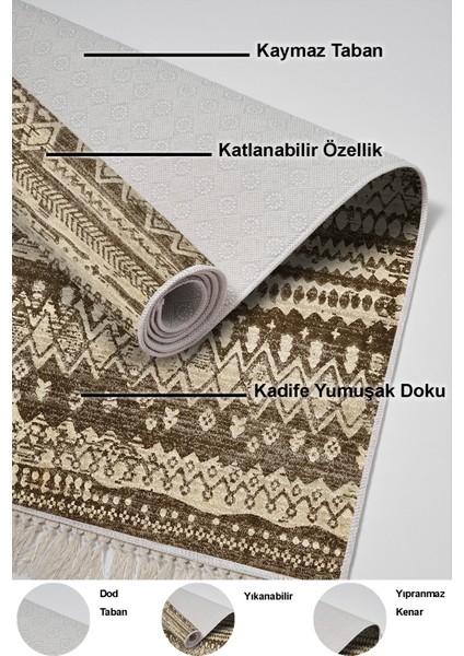 Dijital Salon Halısı Trend Keçe Kaymaz Taban Saçaklı Iskandinav Ysabel Kahve