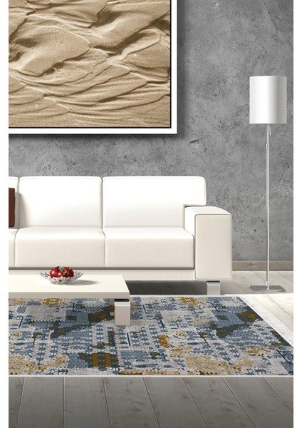 Dijital Salon Halısı Trend Keçe Kaymaz Taban Saçaklı Modern Sherri Mavi