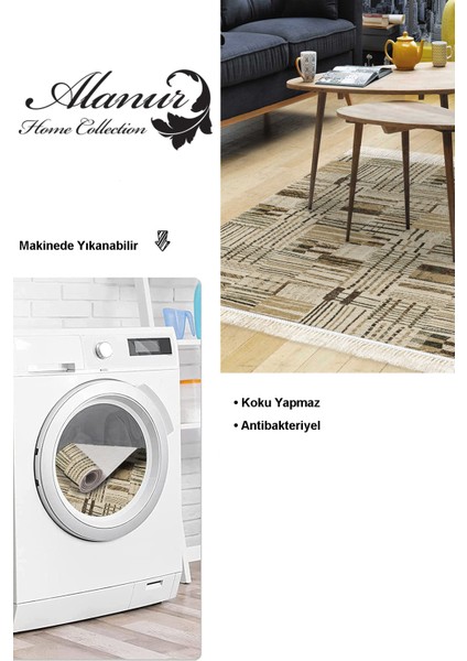 Dijital Salon Halısı Trend Keçe Kaymaz Taban Saçaklı Modern Harper Kahve Bej