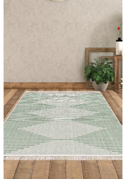 Dijital Salon Halısı Yıldız Deri Kaymaz Taban Saçaklı Iskandinav Kay Yeşil