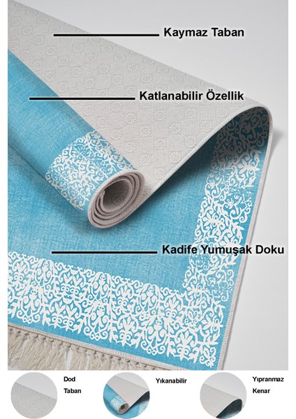 Dijital Salon Halısı Trend Keçe Kaymaz Taban Saçaklı Modern Sequoia Mavi indirimleri