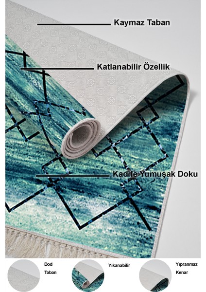 Dijital Salon Halısı Trend Keçe Kaymaz Taban Saçaklı Modern Zanna Mavi indirimleri