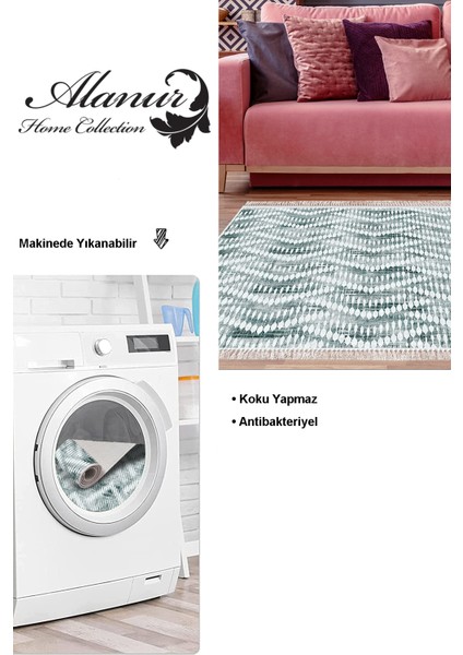 Dijital Salon Halısı Trend Keçe Kaymaz Taban Saçaklı Iskandinav Renata Yeşil