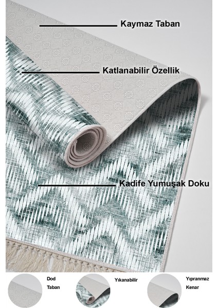 Dijital Salon Halısı Trend Keçe Kaymaz Taban Saçaklı Iskandinav Renata Yeşil