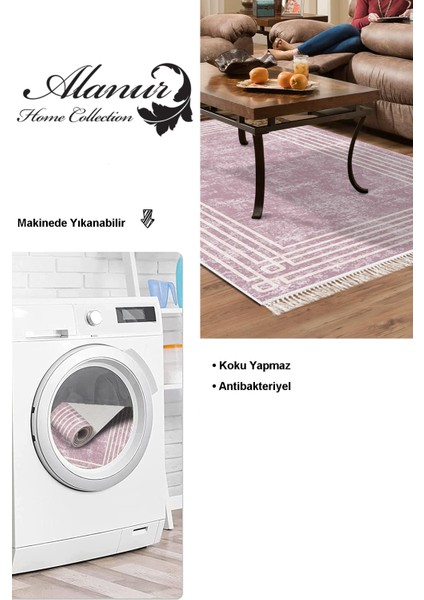 Dijital Salon Halısı Trend Keçe Kaymaz Taban Saçaklı Modern Shelbi Pudra modelleri