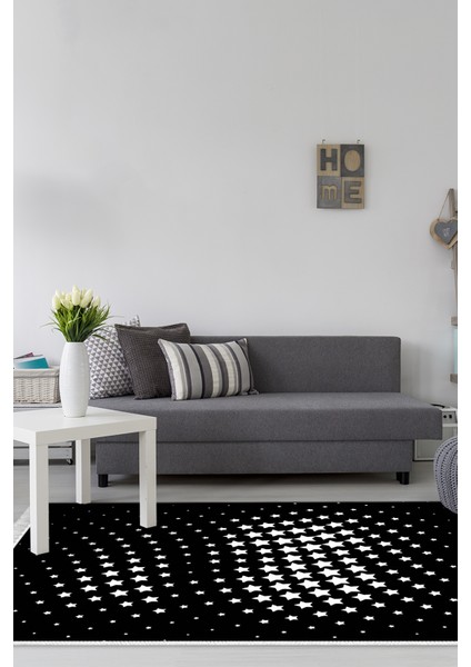 Dijital Salon Halısı Yıldız Deri Kaymaz Taban Saçaklı Modern Willow Siyah