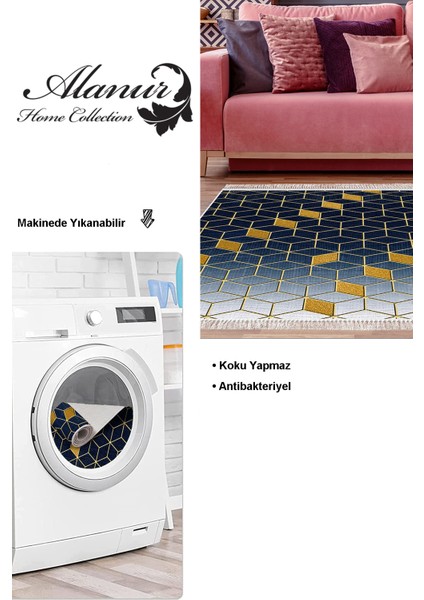 Dijital Salon Halısı Trend Keçe Kaymaz Taban Saçaklı Modern Daire Lacivert