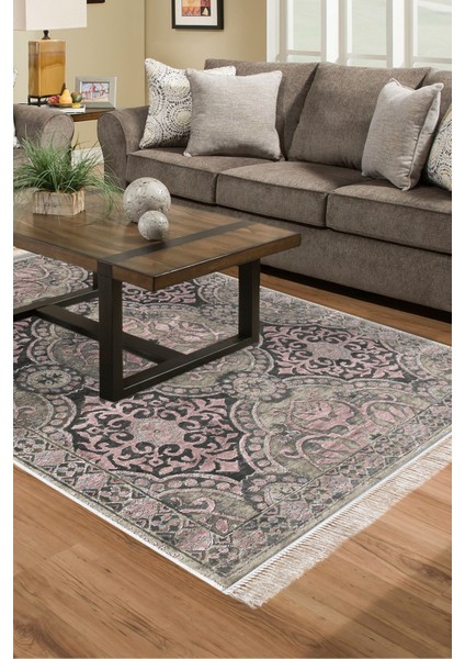 Dijital Salon Halısı Trend Keçe Kaymaz Taban Saçaklı Modern Osana Pudra