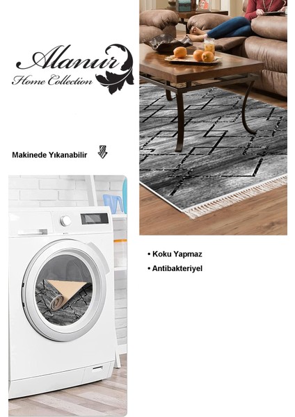 Dijital Salon Halısı Yıldız Deri Kaymaz Taban Saçaklı Modern Zanna Siyah