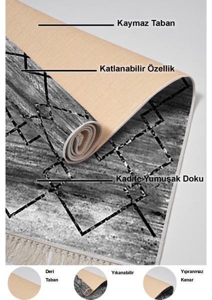 Dijital Salon Halısı Yıldız Deri Kaymaz Taban Saçaklı Modern Zanna Siyah