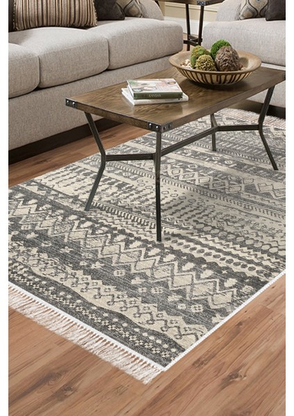 Dijital Salon Halısı Yıldız Deri Kaymaz Taban Saçaklı Iskandinav Ysabel Gri