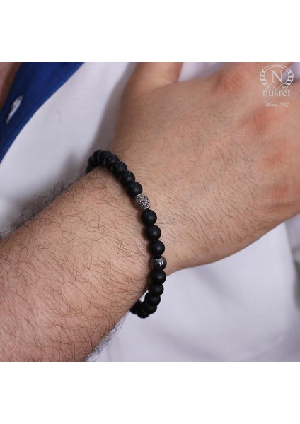 925 Ayar Gümüş Hematit ve Mat Oniks Taşlı Erkek Bilekliği