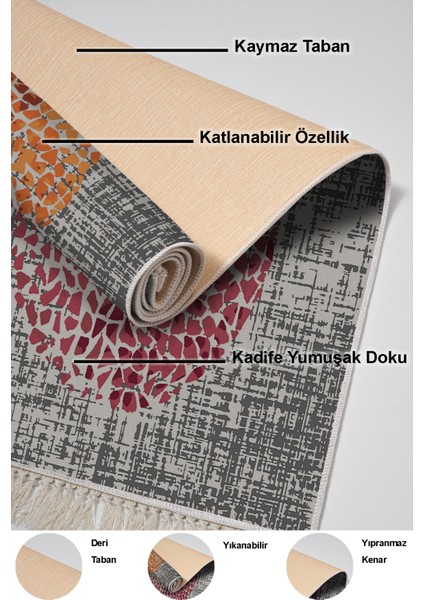 Dijital Salon Halısı Yıldız Deri Kaymaz Taban Saçaklı Modern Saeran Krem Oranj Kırmızı indirimleri