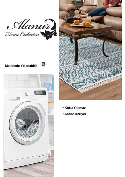 Dijital Salon Halısı Star Pamuk Kaymaz Taban Saçaklı Iskandinav Adelia Lacivert