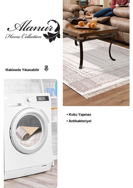 Dijital Salon Halısı Yıldız Deri Kaymaz Taban Saçaklı Modern Rana Pembe