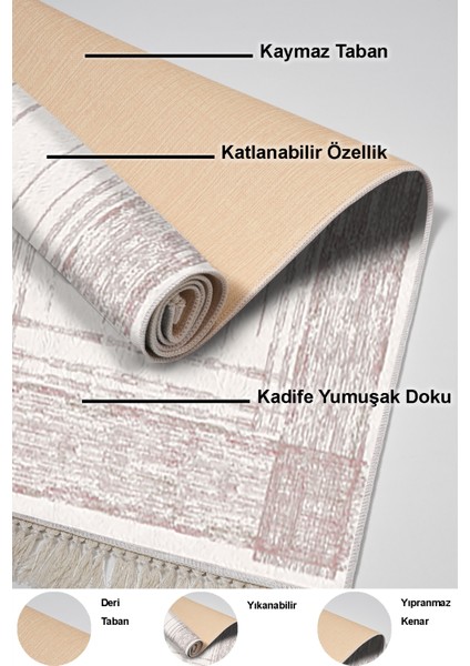 Dijital Salon Halısı Yıldız Deri Kaymaz Taban Saçaklı Modern Rana Pembe
