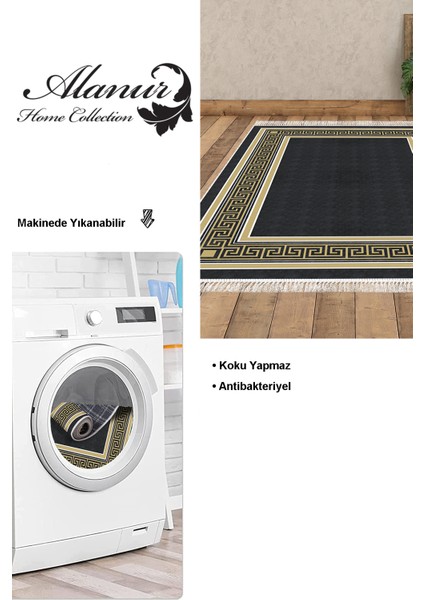 Dijital Salon Halısı Star Pamuk Kaymaz Taban Saçaklı Modern Hunter Siyah