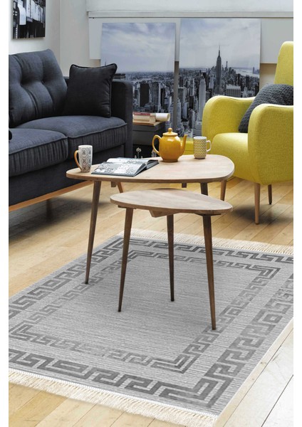 Dijital Salon Halısı Yıldız Deri Kaymaz Taban Saçaklı Modern Debi Gri