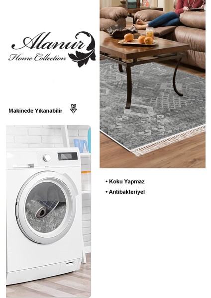 Dijital Salon Halısı Star Pamuk Kaymaz Taban Saçaklı Iskandinav Lorene Antrasit