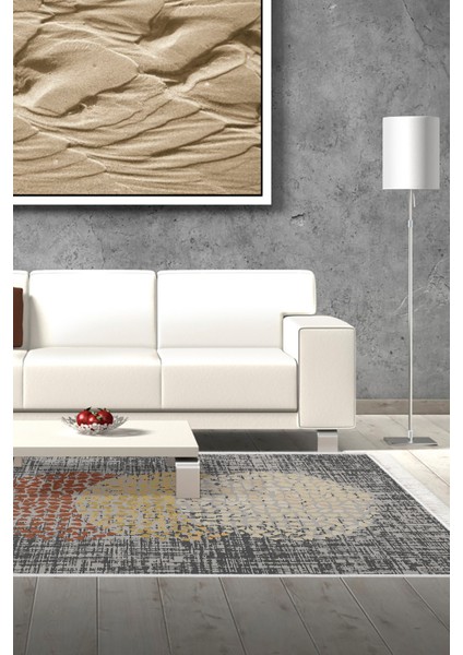 Dijital Salon Halısı Trend Keçe Kaymaz Taban Saçaklı Modern Saeran Kahve Krem Bej